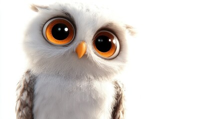 Fototapeta premium Cute baby owl portrait, white background, cartoon style, children's book illustration