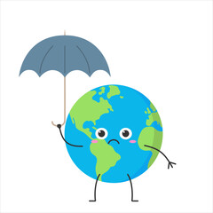Earth cute character cartoon planet umbrella sad face emotion rain vector illustration.