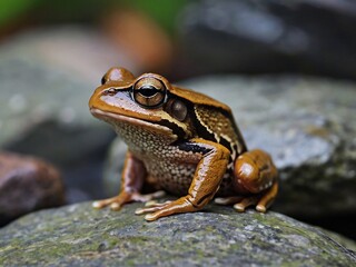 Close-Up of a Slimy Green Brown Frog in its Natural Habitat by a Peaceful Pond