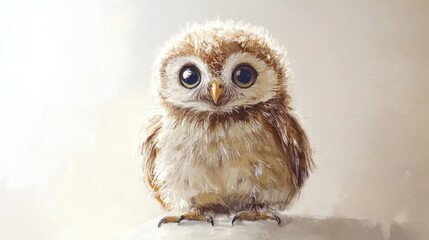 Obraz premium Cute baby owl portrait, soft light background, nature theme, children's book illustration