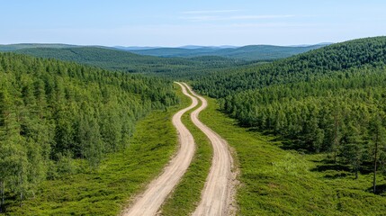 Fototapeta premium Winding dirt road through lush green forest, hills in background, aerial view, travel