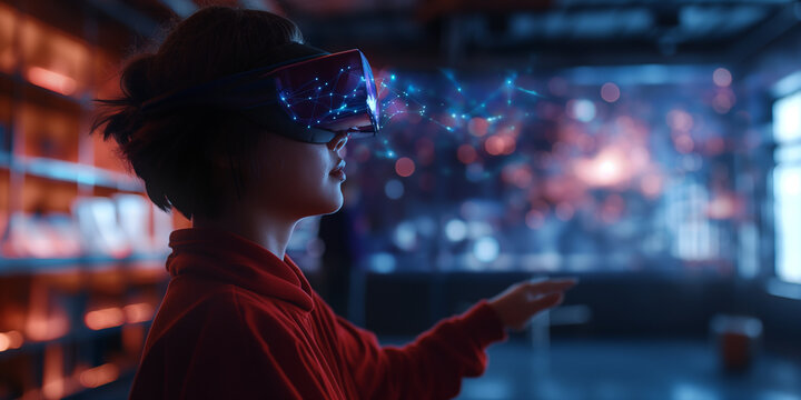 Girl experiencing augmented reality using vr headset, interacting with network data visualization - Powered by Adobe