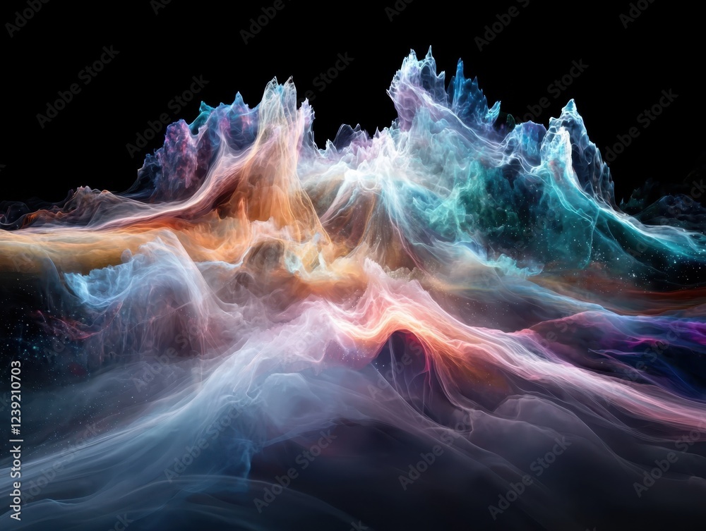 Poster visualizing sound waves a colorful abstract display in digital space gigapixel art engaging patterns