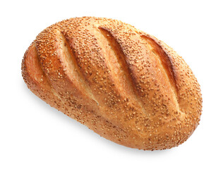 One freshly baked bread with seeds isolated on white, top view