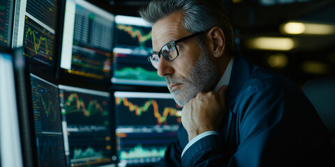 Financial analyst watching stock market data on multiple computer screens in office at night