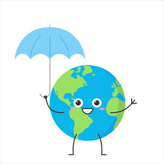 Earth cute character cartoon planet umbrella funny happy smile face emotion rain vector illustration.