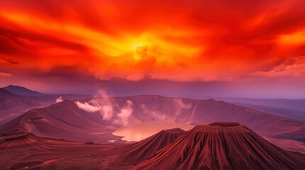 Fototapeta premium Fiery Volcanic Sunset Landscape Dramatic Crater Lake Scene