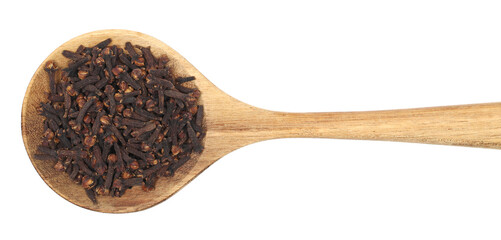Dry cloves pile in wooden spoon, Syzygium aromaticum, isolated on white, top view	