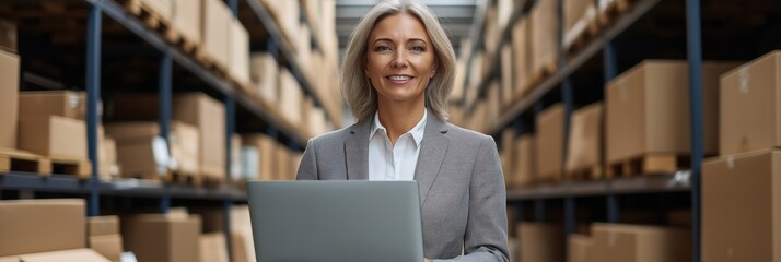 A woman is standing in a warehouse with a laptop in her hand. She is smiling and she is happy