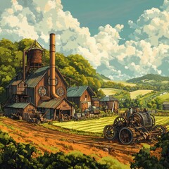 Obraz premium Rustic Farm Scene With Steampunk Machinery And Rolling Hills