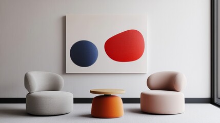 A modern minimalist lounge area with abstract art, cozy furniture, and a balance of soft textures and warm tones.