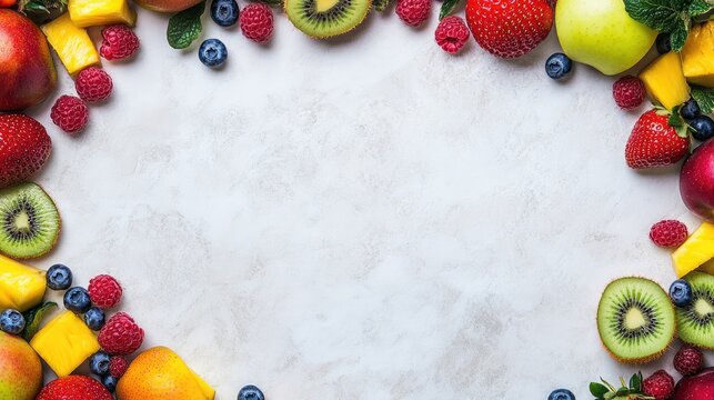 Cut fruits on light white marble stone background, mango, strawberries, raspberries, blueberries, apples, kiwis, pineapple, copy space in the middle