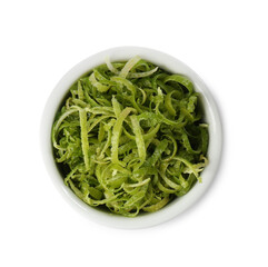 Fresh lime zest in bowl isolated on white, top view