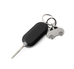 Car key with keychain isolated on white, top view. Buying auto