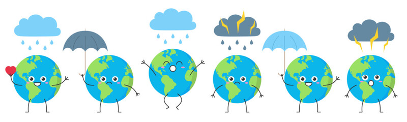 Set Earth cute character cartoon planet weather rain happy joy jump love smile umbrella thunderstorm sad face emotion vector illustration.