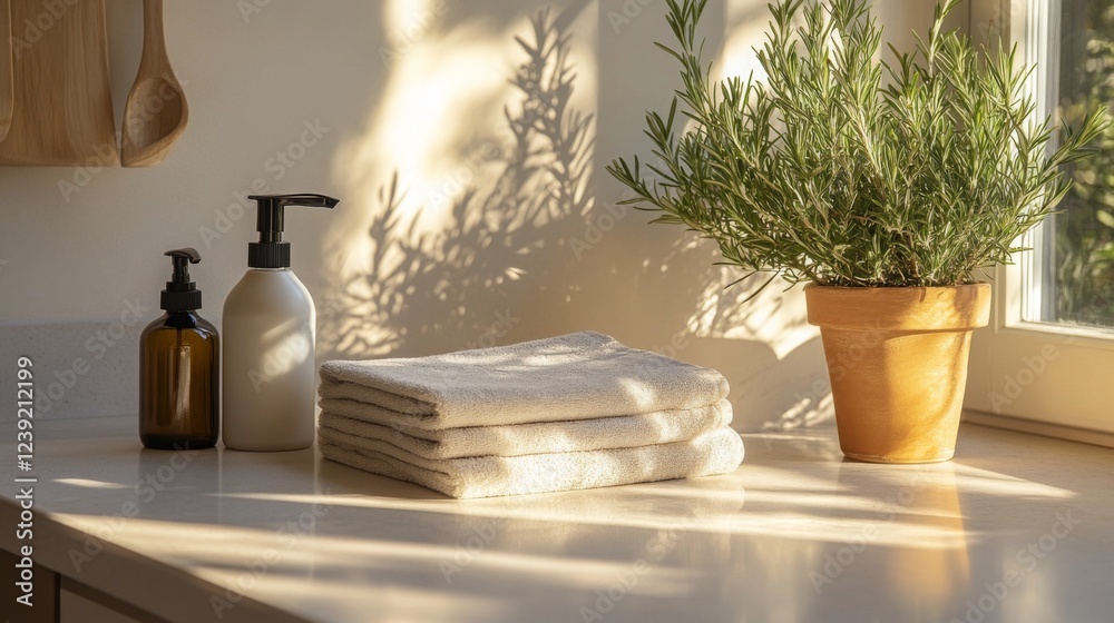 Poster soft sunlight filters through the window, illuminating a clean kitchen countertop. neatly stacked to