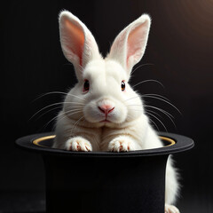 Cute white rabbit in magician's top hat against dark background