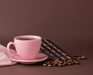 A visually balanced composition featuring a pink ceramic cocoa cup, roasted coffee beans, and a dark chocolate grid on a smooth brown background.