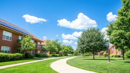 Obraz premium Modern retirement home with energy-efficient solar panels, well-maintained grounds and sunny weather, eco-friendly design