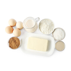 Making cinnamon rolls. Different ingredients for dough isolated on white, top view