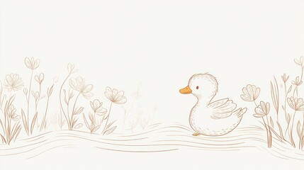 Obraz premium Cute duckling by tranquil pond, wildflowers, nature background; nursery decor