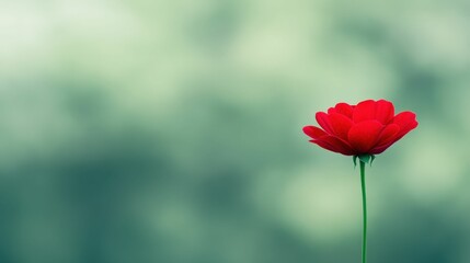 Solitary red flower against soft green background for nature and floral art design