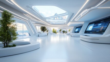 Obraz premium Exploring futuristic architecture urban environment digital content high-tech space insightful viewpoint integrated holographic displays showcasing design and gigapixel technology