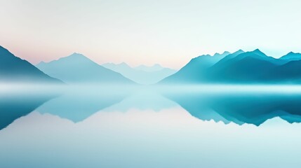 calm lake surrounded by mist-covered mountains at dawn, peaceful and atmospheric landscape, soft natural light,