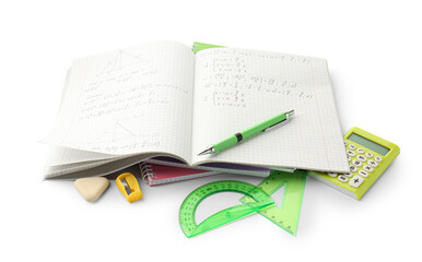 Doing homework. Notebook with math assignment and stationery on white background