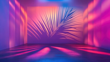 A neon-lit abstract backdrop featuring the shadow of a palm leaf, creating a moody and modern aesthetic
