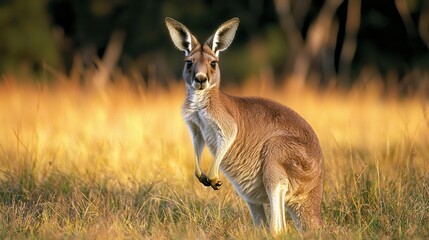 A kangaroo stands gracefully in a sunlit field, showcasing its distinctive features against a backdrop of golden grass and serenity.