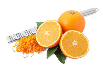Pile of fresh orange zest, fruits, leaves and grater isolated on white