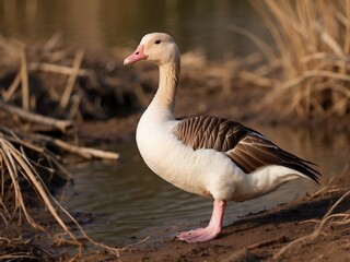 Obraz premium Cotton Pigmy Goose Standing Gracefully in Serene Wetland Habitat