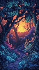 Fototapeta premium Enchanted Forest Path at Sunset Glow