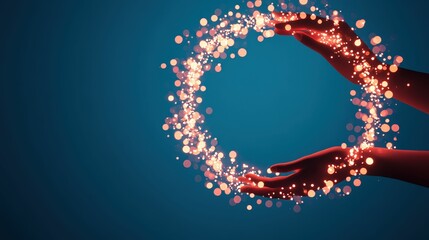 Enchanting circle of light sparks with hands on a magical background