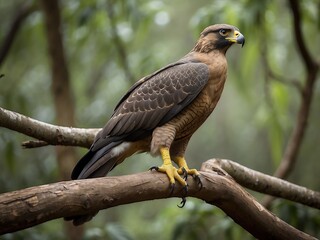 Fototapeta premium Crested Serpent Eagle Perched on Tree Branch Showcasing Majestic Brown Feathers in Natural Habitat