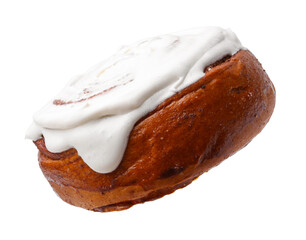 Tasty cinnamon roll with cream isolated on white