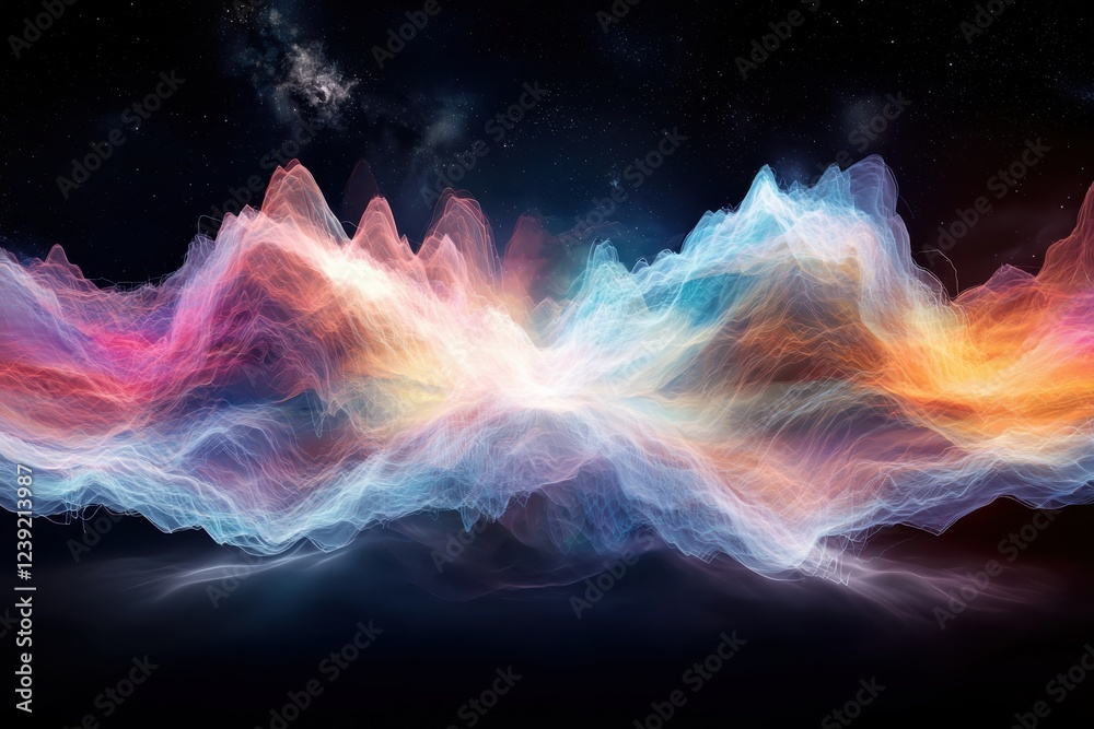 Poster visualizing vibrant sound waves digital space abstract art cosmic environment dynamic viewpoint enga