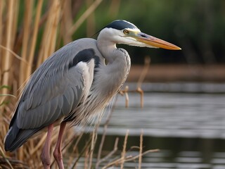 Fototapeta premium Elegant Heron Hunting in Wetlands Reflection near Pond Wildlife Photography
