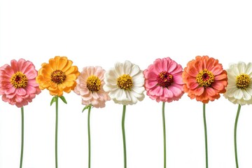 Elegant Row of Isolated Zinnia Flowers on a Clean White Background