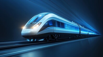 Fototapeta premium A sleek, high-speed futuristic train enclosed in a transparent tunnel, set against a dark blue background to symbolize innovation and progress in transportation