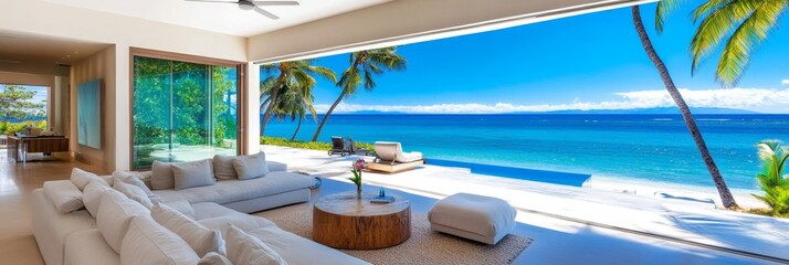 Fototapeta premium Oceanfront Luxury Living Room - Luxurious living room with stunning ocean views, featuring a large sectional sofa, coffee table, and access to a private pool.