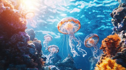 Graceful jellyfish dance underwater coral reef gigapixel art vibrant ocean immersive perspective abstract imagination