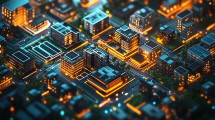 A smart city visualization featuring an isometric layout of residential buildings, illustrating an advanced urban infrastructure with innovative design elements