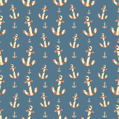 Wooden, striped anchors of coral and yellow color with rope. Watercolor illustration. Seamless pattern on a blue background from the SEA FISHING collection. For fabric, textiles, wallpaper, paper