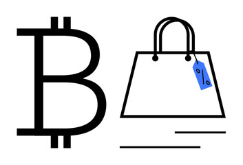 Bitcoin currency symbol alongside a shopping bag with a blue price tag. Ideal for themes of digital payment, e-commerce, cryptocurrency transactions, online shopping, financial technology, retail