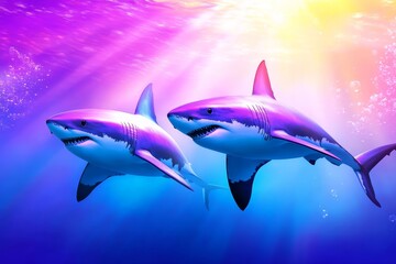 Fototapeta premium Majestic Sharks Underwater Scene - Two vibrant sharks swim gracefully in a sunlit ocean, creating a stunning underwater scene. Bubbles and colorful light enhance the image.
