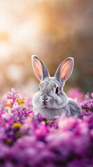 Fototapeta premium Charming white rabbit nestled in vibrant pink flowers under soft sunlight