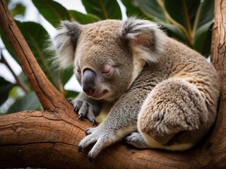 Obraz premium Cute Koala Sleeping on Eucalyptus Tree in Australia Wildlife Portrait