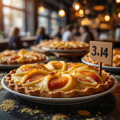 Peach pie with 3.14 label in cozy cafe ambiance